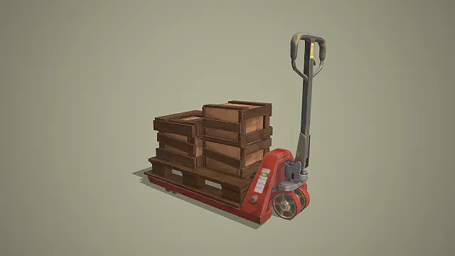 做旧风格手动液压搬运车与木箱货物 3D 道具模型