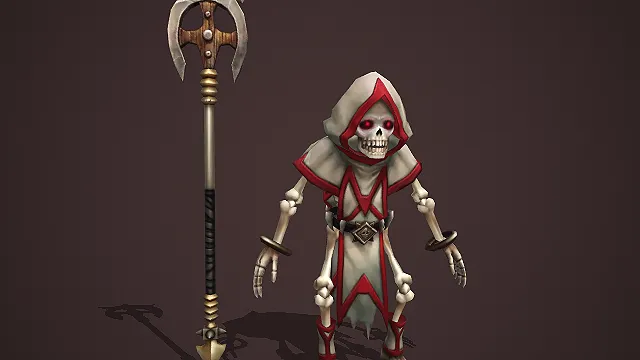卡通 Q 版红白袍骷髅法师持月牙法杖亡灵怪物 3D 模型