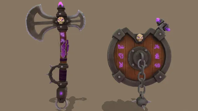 卡通风格化道具斧头和盾牌游戏模型