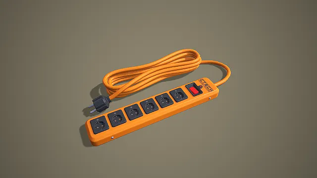 橙色六位插线板 3D 低多边形电器模型