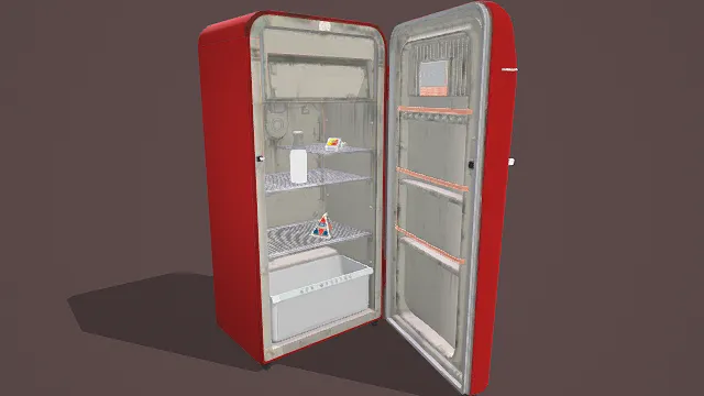 3D卡通风格红白银系复古冰箱模型，创意设计（3D冰箱、卡通风格、卡通复古风，设备设计主题）