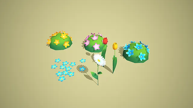 卡通风格花球雏菊郁金香组合 3D 低多边形植被装饰模型
