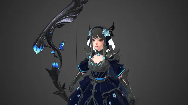 幽蓝裙甲  暗夜风格  星光纹样服饰  神秘少女  奇幻角色  长弓