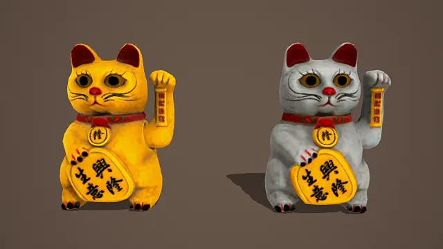 卡通风格3D招财猫模型（双只），创意设计（卡通招财猫、3D模型、招财猫造型（黄猫、灰猫）、“招财进宝”卷轴）