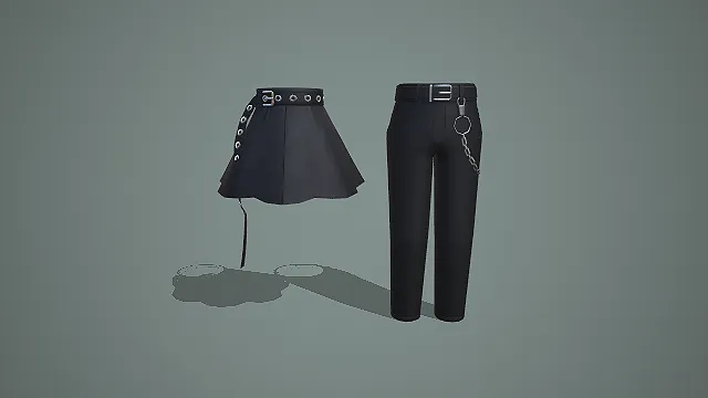 暗黑风金属扣装饰短裙与链条九分裤 3D 模型