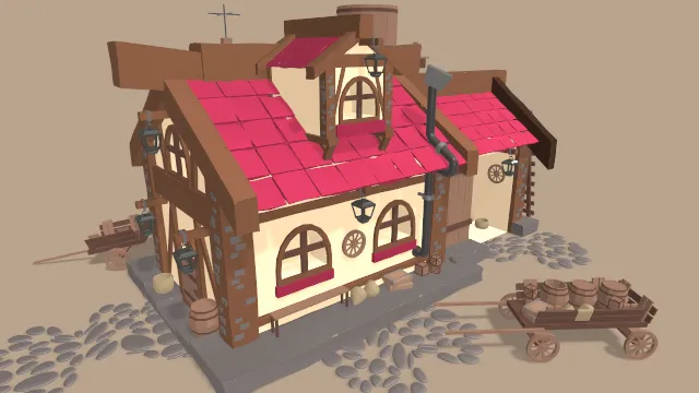 卡通风格化的小屋木屋建筑场景推车