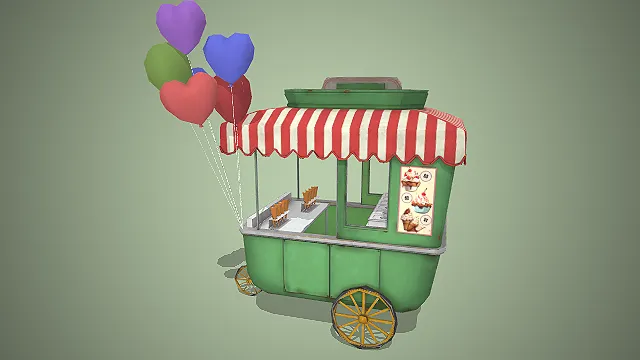 一辆带彩色心形气球装饰的复古风格3D冰淇淋小吃车模型