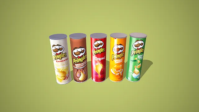 卡通风格五款品客薯片组合 3D 低多边形零食场景装饰模型