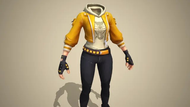 黄色外套，内里带帽衬衣，黑色长裤