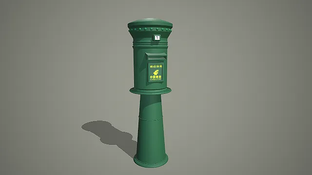 深绿色复古英式立柱邮筒 3D 模型 经典街景邮政道具资产