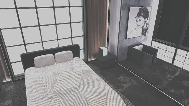 3D卡通风格黑白灰系现代卧室场景模型，创意设计（3D场景、卡通风格、卡通现代简约风，场景设计主题）