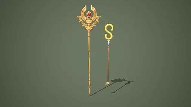 两款金色风格化法师法杖 3D 模型 游戏武器道具资产