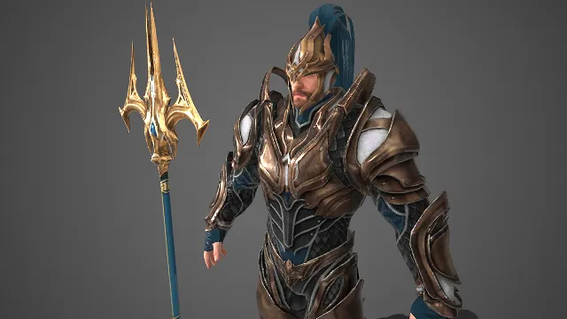 重装战将  3d角色模型  鎏金鳞纹  蓝羽缨饰  华贵质感  厚重防御性  战戟  史诗风格