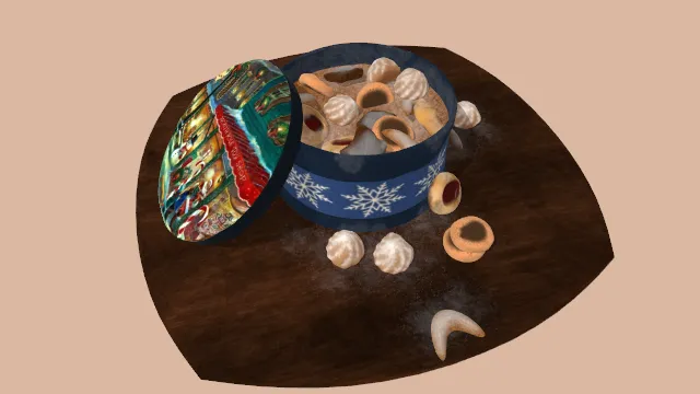 装在蓝色有圣诞元素的盒子里的食物坚果饼干放在木板上