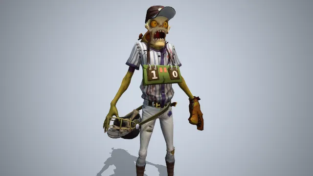 骷髅骨架披着一位男性棒球员的皮，脖子挂有计数板