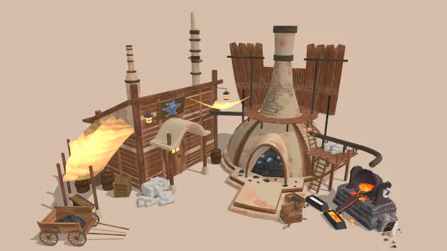 卡通风格化熔炉建筑房屋游戏场景