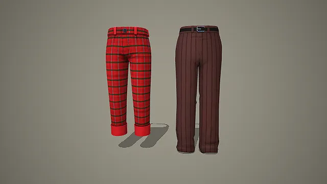 红绿格纹卷边裤与棕色竖条纹长裤组合 3D 模型