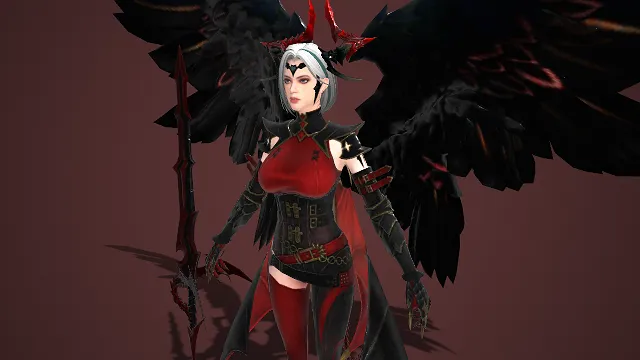 女战将  红黑撞色  黑色皮质  风格性感  巨型黑翼  尖刃武器  暗黑风格  暗域女武神