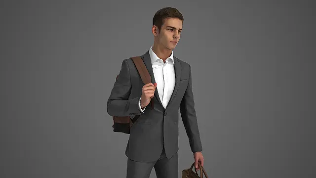 浅灰西装男性携包背袋商务行走动态 3D 模型