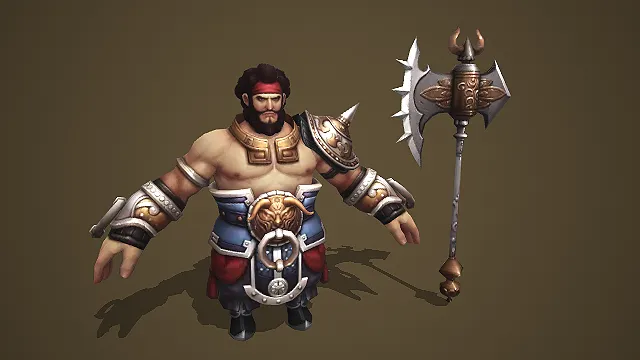 卡通 Q 版国风壮汉武将带兽首护肩双刃巨斧 3D 角色模型