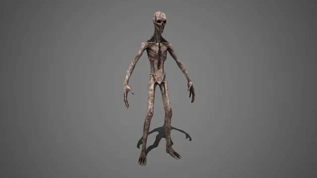 阴森  人形魔物  干瘦皮包骨形态  皮肤灰褐皱缩  比例诡异  衰败恐怖  阴森  异化生物