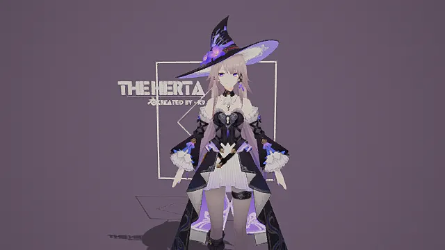 卡通风格3D魔法少女角色模型，创意设计（卡通魔法少女、3D模型、浅色长发、魔女帽、华丽服饰、灰色背景、独特造型 ）