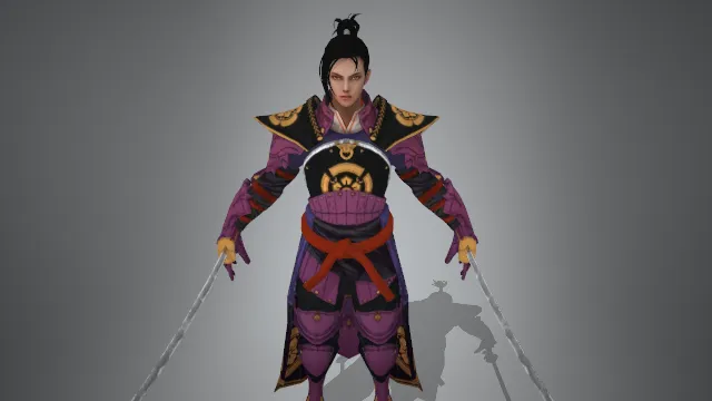  游戏角色 日式武士风格 紫色服饰 双持武器 