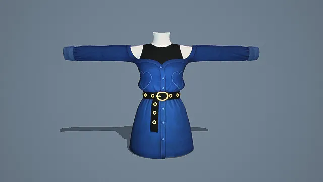   蓝色露肩连衣裙3D模型，配黑色装饰与金色腰带