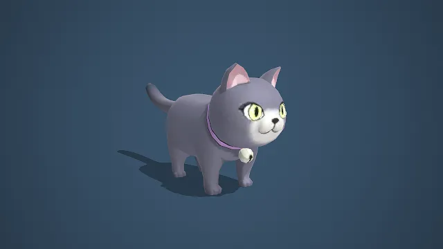 卡通风格灰猫 3D 模型（带铃铛项圈款）.fbx