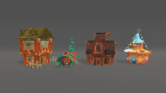 卡通风格化4栋房屋村庄建筑木屋