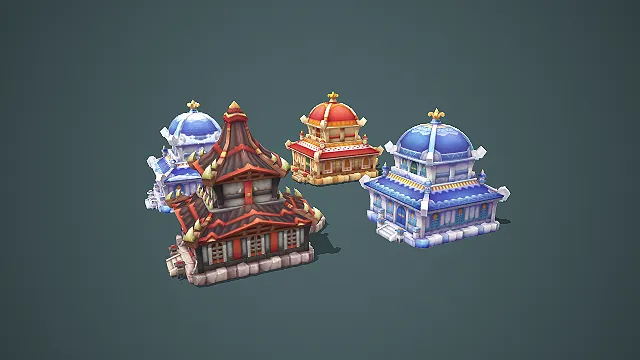 卡通风格三种异域圆顶与尖顶建筑套装游戏场景低模素材