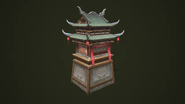 带红灯笼与雕花基座的中式古风双层塔楼