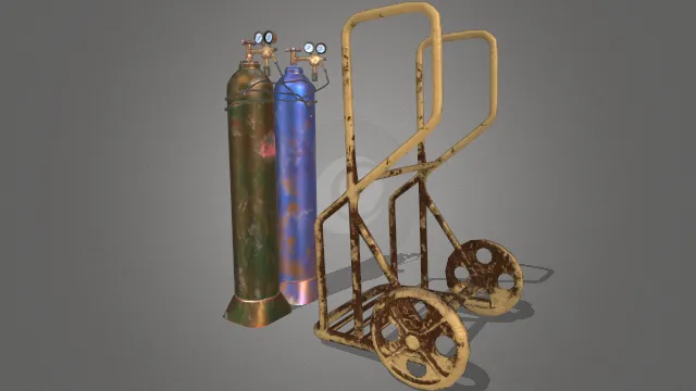 旧焊接气瓶带破旧手推车工程工具