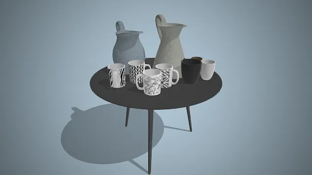 一个北欧风的桌面陈设3D模型,桌上摆放着两个质感水壶和多款马克杯