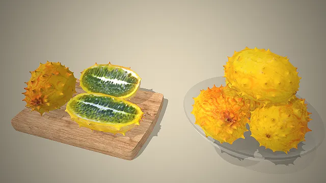 一组火参果（刺角瓜）的3D模型，绿色果瓤