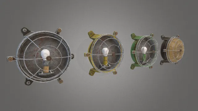 1930年代重型工业壁灯有铁罩保护道具资源