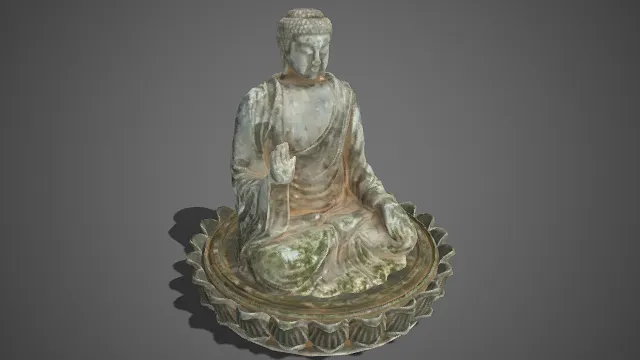 写实风格  古佛坐像  袈裟  结印施法  莲台  古宗教遗址  风化斑驳