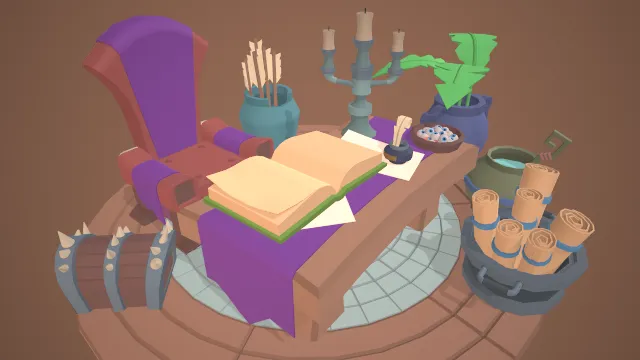 中世纪巫师工作室桌椅书本卷轴宝箱场景