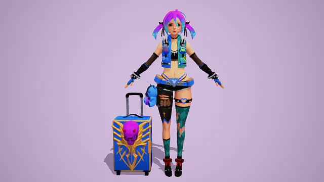 卡通风格3D朋克少女角色模型，创意设计（卡通朋克少女、渐变双马尾、眼镜、朋克风背心、露脐装、短裤、破洞长袜）