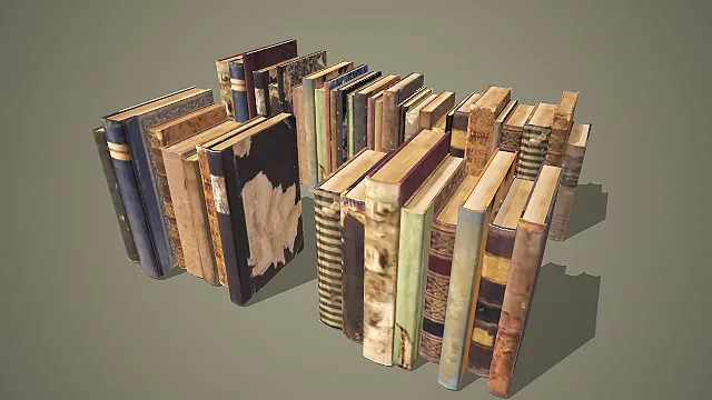 三排错落排列立放复古旧书 3D 场景道具模型