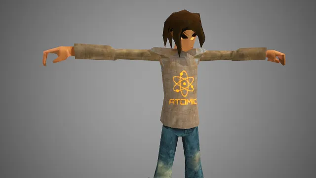 卡通风格  青年  角色模型  宽松长衫  牛仔裤  厚底棕鞋  随性休闲  