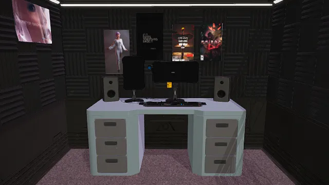 卡通风格3D赛博朋克工作间模型，创意设计（卡通赛博朋克工作间、工作间场景、双显示器、双音箱、墙面海报）