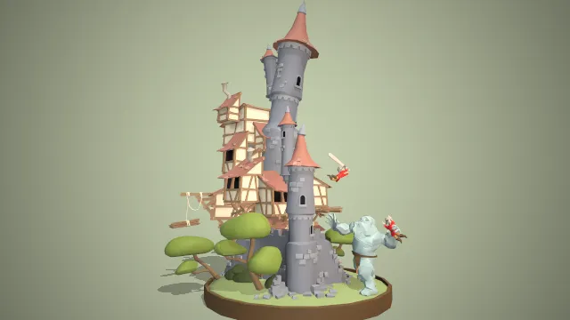 恶作剧攻击中世纪幻想场景塔楼建筑怪物