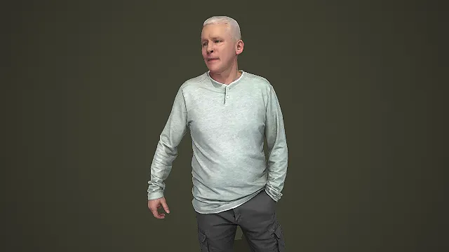 浅灰长袖衫配工装裤男性插兜站姿休闲人物 3D 模型