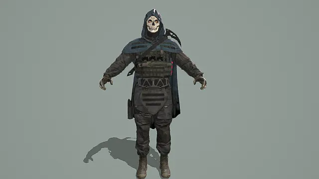 写实风格3D死神战士角色模型，创意设计（写死神战士、3D模型、骷髅面具、黑色斗篷、战术装备、灰色背景、独特造型 ）