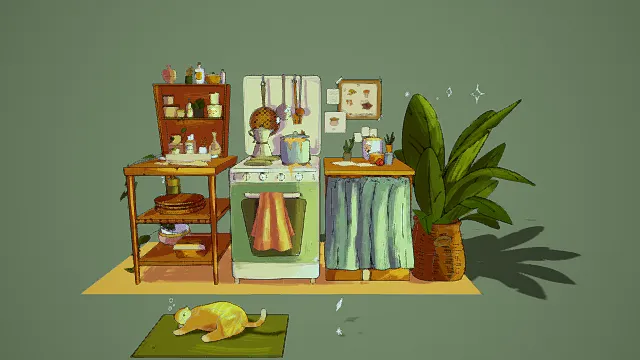 温馨风格厨房插画，创意设计（厨房插画、温馨风格、绿色背景、家具摆设、厨具用品、绿植装饰、猫咪元素、趣味细节 ）