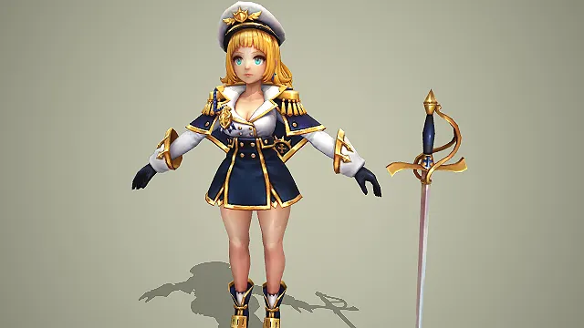 卡通写实风海军风女剑士少女带装饰佩剑 3D 游戏角色模型
