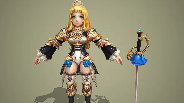 卡通 Q 版白铠公主骑士少女带蓝玫瑰圣剑 3D 游戏角色模型