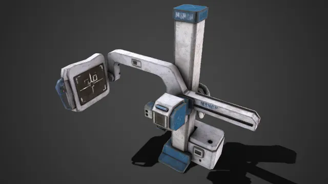 做旧风格  医用影像设备  蓝纹装饰  机械臂  显示屏  立柱式结构  医疗检测