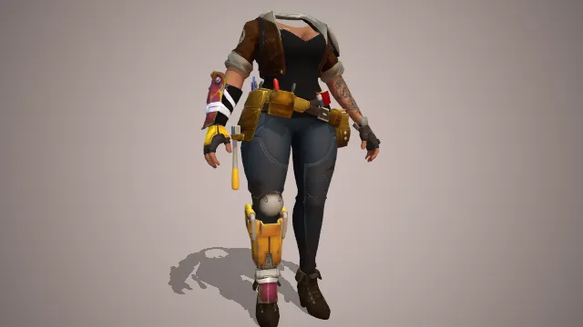 女士服装，夹克内搭黑色短袖，腰包装有工具